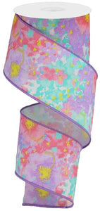 Painted Floral Wired Ribbon : White, Pink, Lavender Purple, Yellow - 2.5 Inches x 10 Yards (30 Feet)