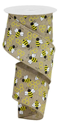 Mini Bumblebees on Canvas Wired Ribbon, 10 Yards (Light Beige, 2.5 Inches)