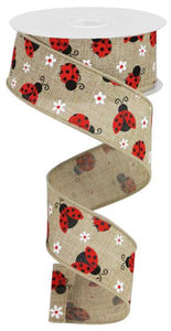 Mini Ladybugs on Canvas Wired Ribbon : Light Beige - 1.5 Inches x 10 Yards (30 Feet)