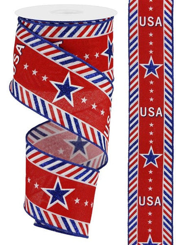USA & Diagonal Border Stripes Canvas Ribbon, 2.5 Inches x 10 Yards (30 Feet) (White)