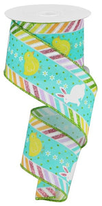 Chicks & Bunnies with Diagonal Border on Canvas Wired Ribbon, 10 Yards (Green, 2.5 Inches)