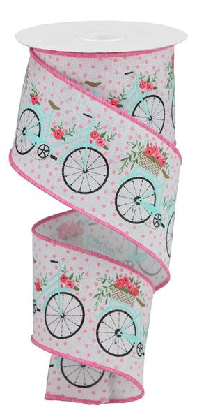 Bicycles Royal Canvas Wired Ribbon - 10 Yards (Bike - Pink, Blue, White, 2.5 Inches)