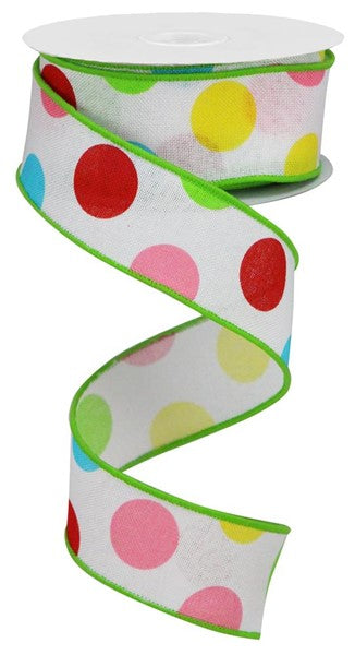 Multi Color Polka Dots Wired Ribbon : White Pink Red Green 1.5 inches x 10 yards (30 feet)