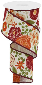 Bold Flower Blooms on Cotton Wired Ribbon Burgundy Red, Rust, Green, Cream - 2.5 Inches x 10 Yards (30 Feet)