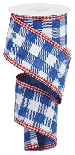 Striped Check Gingham Edge 4th of July Ribbon : Royal Blue, Red, White - 2.5 Inches x 10 Yards (30 Feet)