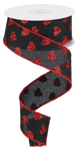 Black Ribbon with RED Small Glitter Hearts - 1.5 Inches x 10 Yards (30 Feet)