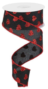 Black Ribbon with RED Small Glitter Hearts - 1.5 Inches x 10 Yards (30 Feet)