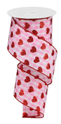 Small Glitter Hearts Ribbon : Pink Gingham Valentine Glitter Heart Ribbon - 2.5 Inches x 10 Yards (30 Feet)