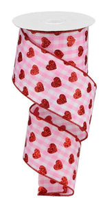 Small Glitter Hearts Ribbon : Pink Gingham Valentine Glitter Heart Ribbon - 2.5 Inches x 10 Yards (30 Feet)