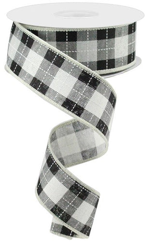 Printed Woven Check Wired Ribbon : Ivory, Black, White - 1.5 Inches x 10 Yards (30 Feet)