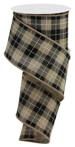 Printed Woven Check Plaid Burlap Canvas Wired Ribbon - 10 Yards (Beige, Black, White, 2.5 Inches)
