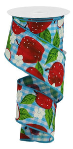 Apples Canvas Wired Ribbon : Light Blue Gingham - 2.5 Inches x 10 Yards (30 Feet)