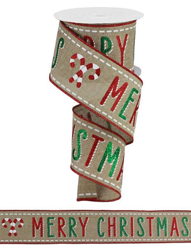 Bold Merry Christmas Canvas Wired Ribbon - Emerald Green, Beige, Red, White - 2.5 Inches x 10 Yards (30 Feet)