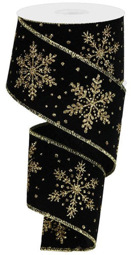 Snowflake Glitter Christmas on Velvet Wired Ribbon -  Black Gold - 2.5 Inches x 10 Yards (30 Feet)