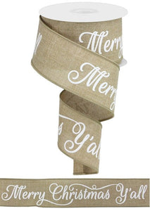 Wired Ribbon - Merry Christmas Y'all - Light Beige/Tan & White - 2.5 Inches x 100 Feet (33.3 Yards)