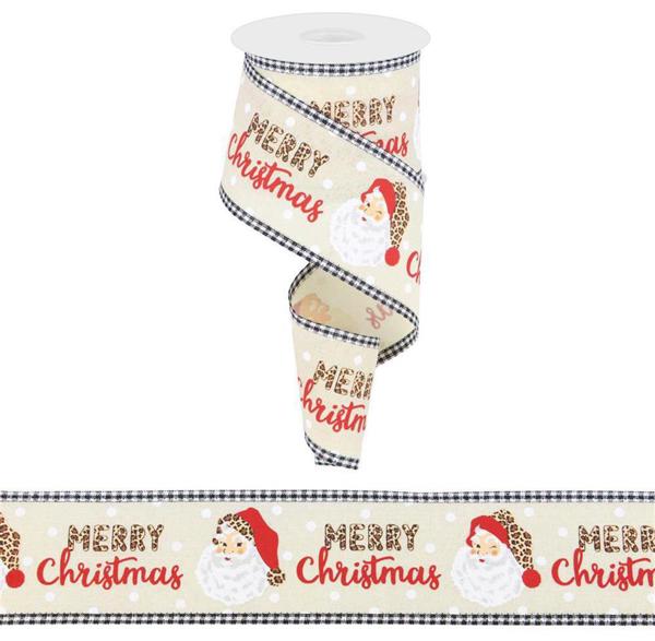 Santa Face Merry Christmas Leopard Print Wired Ribbon : Cream, Red, Black, White - 2.5 Inches x 10 Yards (30 Feet)