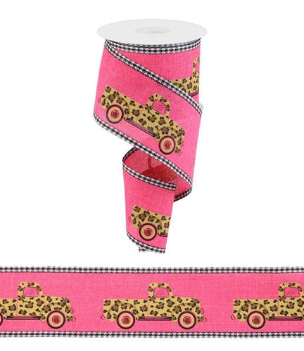 Leopard Truck and Gingham Wired Ribbon, 10 Yards (Hot Pink, 2.5 Inches)