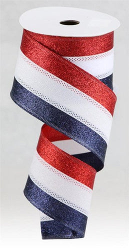 Glitter Stripe 4th of July Ribbon : Navy Blue, Red, White 2.5 Inches x 10 Yards (30 Feet)