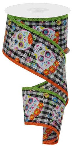 Day of The Dead Skull Canvas Wired Edge Ribbon : Black, Orange, White, Lime Green - 2.75