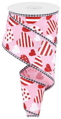 Valentine's heart gingham wired ribbon : Pink white red - 2.5 inches x 10 yards (30 feet)