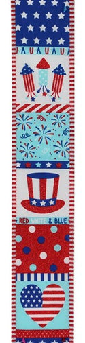 Patriotic Block Stripe 4th of July Wired Ribbon : Red, Turquoise Blue, Navy Blue - 2.5 Inches x 10 Yards (30 Feet)