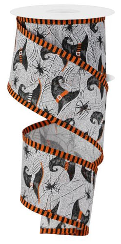 Silver Grey Orange Witch hats and Spideers 2.5 Inches x 10 Yards (30 Feet) wired Ribbon