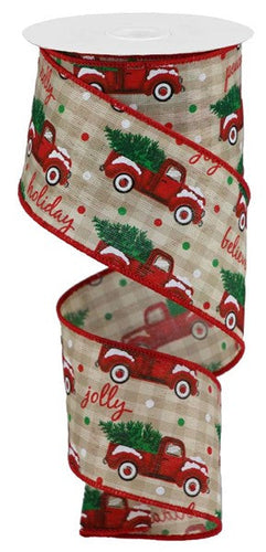 Christmas Trucks Farm Checked Wired Ribbon : Beige, Red - 2.5 Inches x 10 Yards (30 Feet)