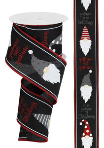 Christmas Gnome Head Canvas Wired Ribbon - 10 Yards (Red, Black, Grey Gray, White, 2.5 Inches)