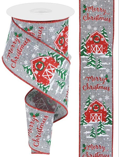 Christmas Barn County Royal Wired Ribbon : Grey, Red, White, Green - 2.5 Inches x 10 Yards (30 Feet)