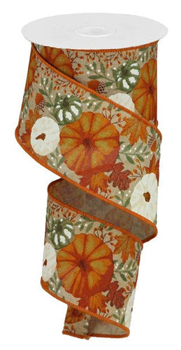 Pumpkins and Autumn Foliage Canvas Wired Ribbon : Brown, Orange, Green - 2.5 Inches x 10 Yards (30 Feet)