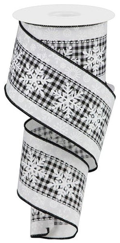 Snowflakes Check Wired Ribbon : White, Black - 2.5 Inches x 10 Yards (30 Feet)