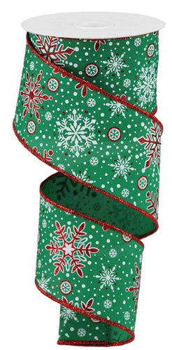 Snowflakes Wired Ribbon : Emerald Green, White, Red - 2.5 Inches x 10 Yards (30 Feet)