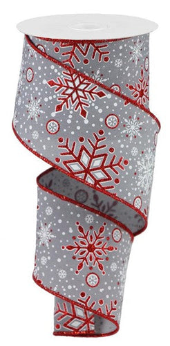 Snowflake Wired Ribbon : Grey, Red - 2.5 Inches x 10 Yards (30 Feet)