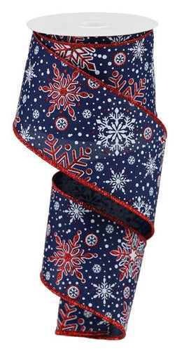 4th of July Wired Ribbon : Navy Blue White and Red Glitter Snowflake Stripes 2.5 Inches x 10 Yards (30 Feet)