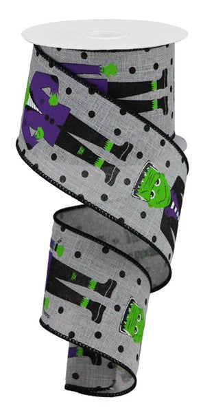 Frankenstein Polka Dots Wired Ribbon : Light Grey, Purple, Black - 2.5 Inches x 10 Yards (30 Feet)