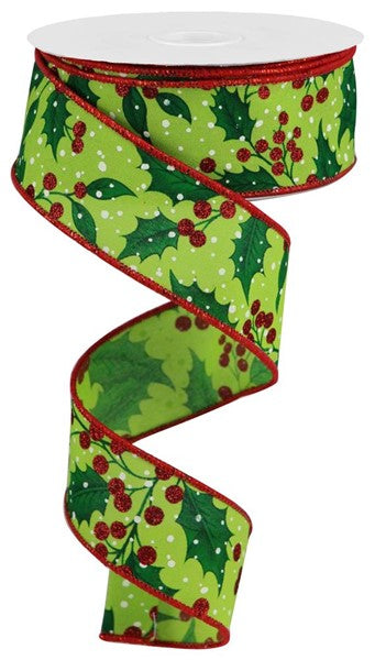 Christmas Holly Leaves Berries Canvas Wired Ribbon - 10 Yards (Red, Lime Green, Ivory, 1.5 Inches)