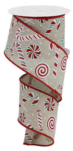 Candy Canes & Peppermints Wired Ribbon - Light Natural, Red, Green  - 2.5 Inches x 10 Yards (30 Feet)