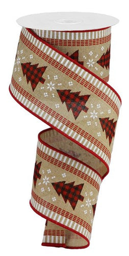 Check Christmas Trees with Stripes Wired Ribbon : Brown, Beige, Black, Red - 2.5 Inches x 10 Yards (30 Feet)
