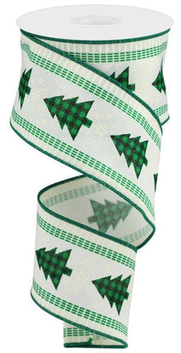 Christmas Tree Check Stripe Canvas Wired Ribbon - 10 Yards (Ivory, Black, Cream, Emerald Green, 2.5 Inches)