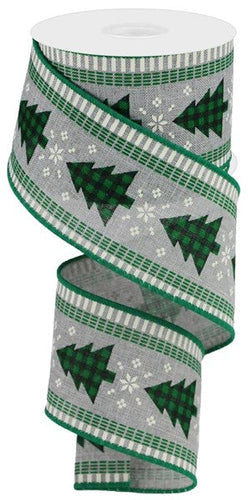 Christmas Tree Check Stripe Canvas Wired Ribbon - 10 Yards (Grey Gray, Black, Cream, Emerald Green, 2.5 Inches)