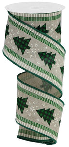 Christmas Trees Check Stripe Wired Ribbon : Beige, Emerald Green, Black, Ivory - 2.5 Inches x 10 Yards (30 Feet)