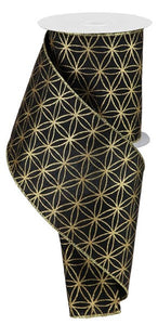 Christmas Seamless Stars on Faux Dupioni Canvas Wired Ribbon - 10 Yards (Black, Light Gold, 4")