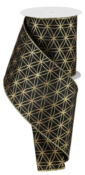 Christmas Seamless Stars on Faux Dupioni Canvas Wired Ribbon - 10 Yards (Black, Light Gold, 4