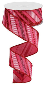 Diagonal Stripe Valentine's Day Glitter Wired Ribbon : Pink, Red - 1.5 Inches x 10 Yards