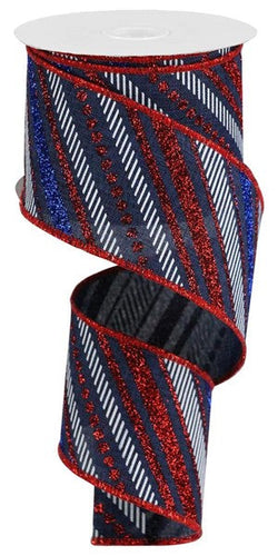 4th of July Wired Ribbon : Navy Blue White and Red Glitter Diagonal Stripes 2.5 Inches x 10 Yards (30 Feet)