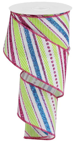 Glitter Diagonal Plaid Spring Ribbon : White Hot Pink Turquoise Lime (2.5 Inches x 10 Yards)
