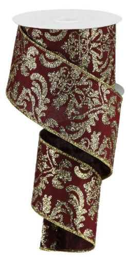 Fall Glitter Bold Damask Wired Ribbon (2.5 Inches, Burgundy Red, Light Gold) - 10 Yards