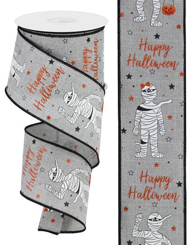 Mummies with Glitter on Canvas Wired Ribbon, 10 Yards (Light Grey Gray, 2.5 Inches)