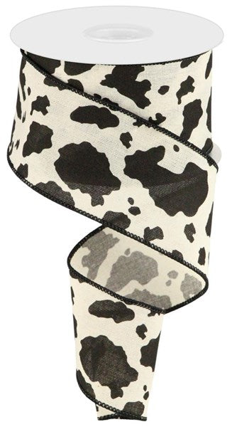 Cow Print On Cotton Wired Ribbon : Black, Cream - 2.5 Inches x 10 Yards (30 Feet)