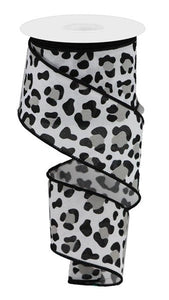 Leopard Print on Canvas Wired Ribbon : White, Black, Grey Gray - 2.5 Inches x 10 Yards (30 Feet)